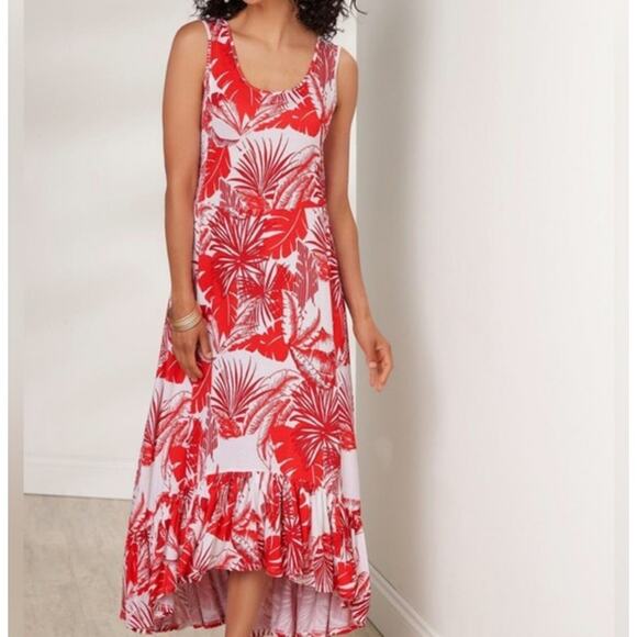 Soft Surroundings Womens Lilo Palm Print Maxi Dress S Red Tropical Resort Wear - Picture 1 of 9